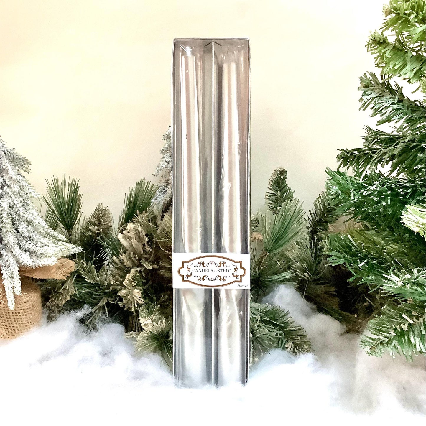 Coffret 2 bougies longues argent métallisé 1 torsade ht 30 cm