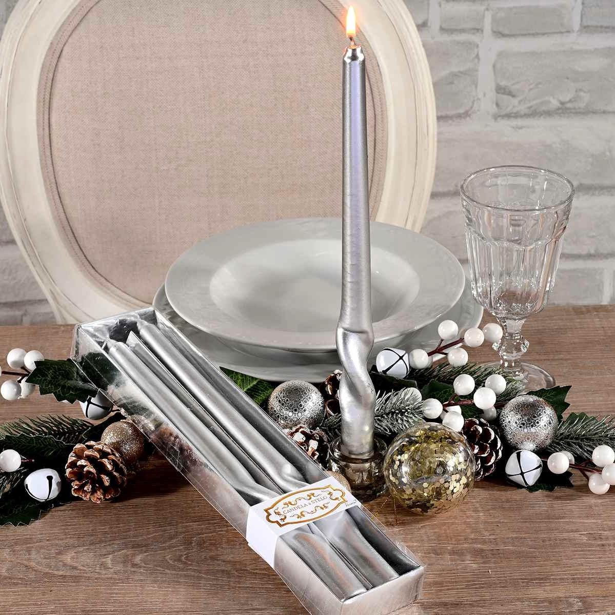 Coffret 2 bougies longues argent métallisé 1 torsade ht 30 cm