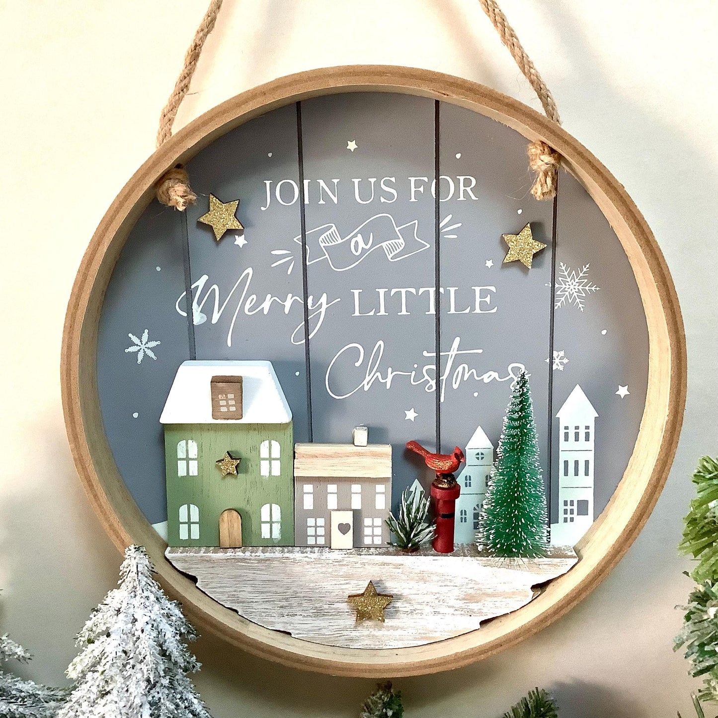 Cadre de Noël vintage bois oiseau cardinal diamètre 25 cm