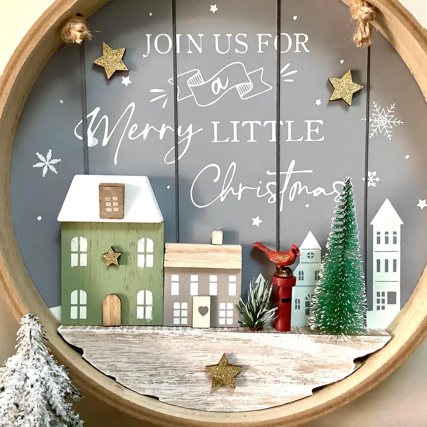 Cadre de Noël vintage bois oiseau cardinal diamètre 25 cm