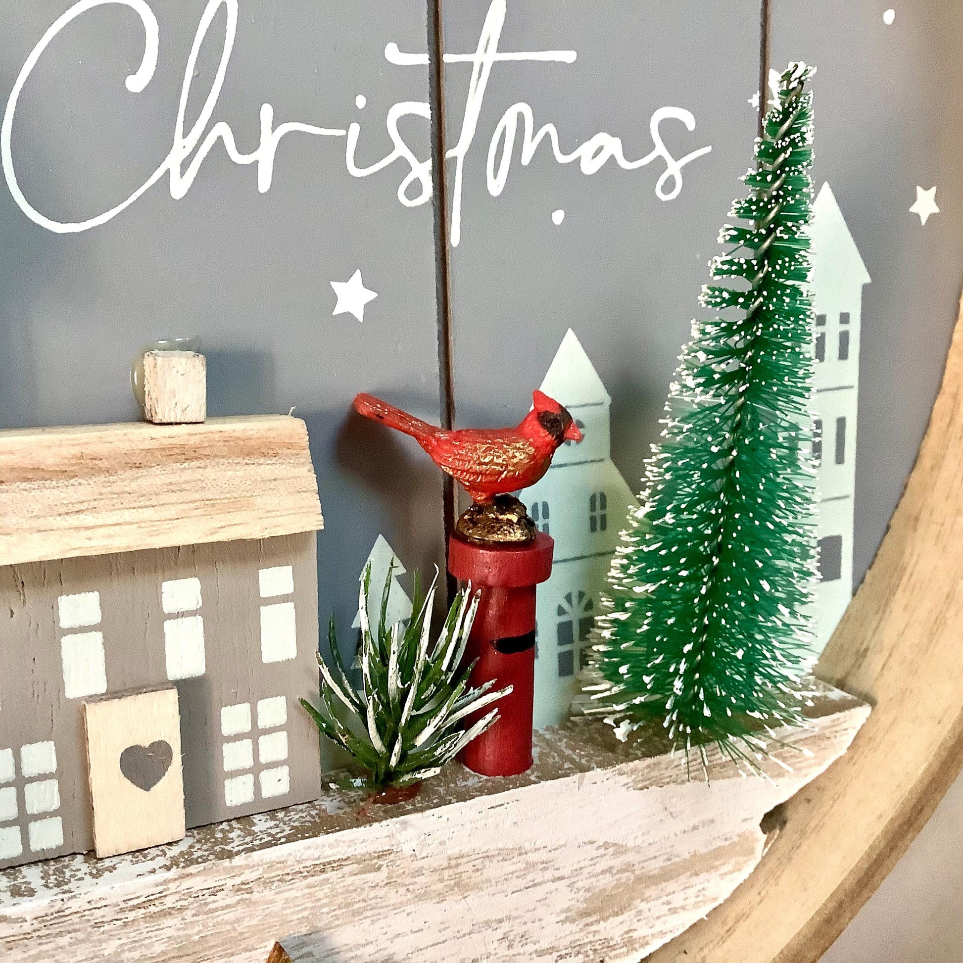 Cadre de Noël vintage bois oiseau cardinal diamètre 25 cm