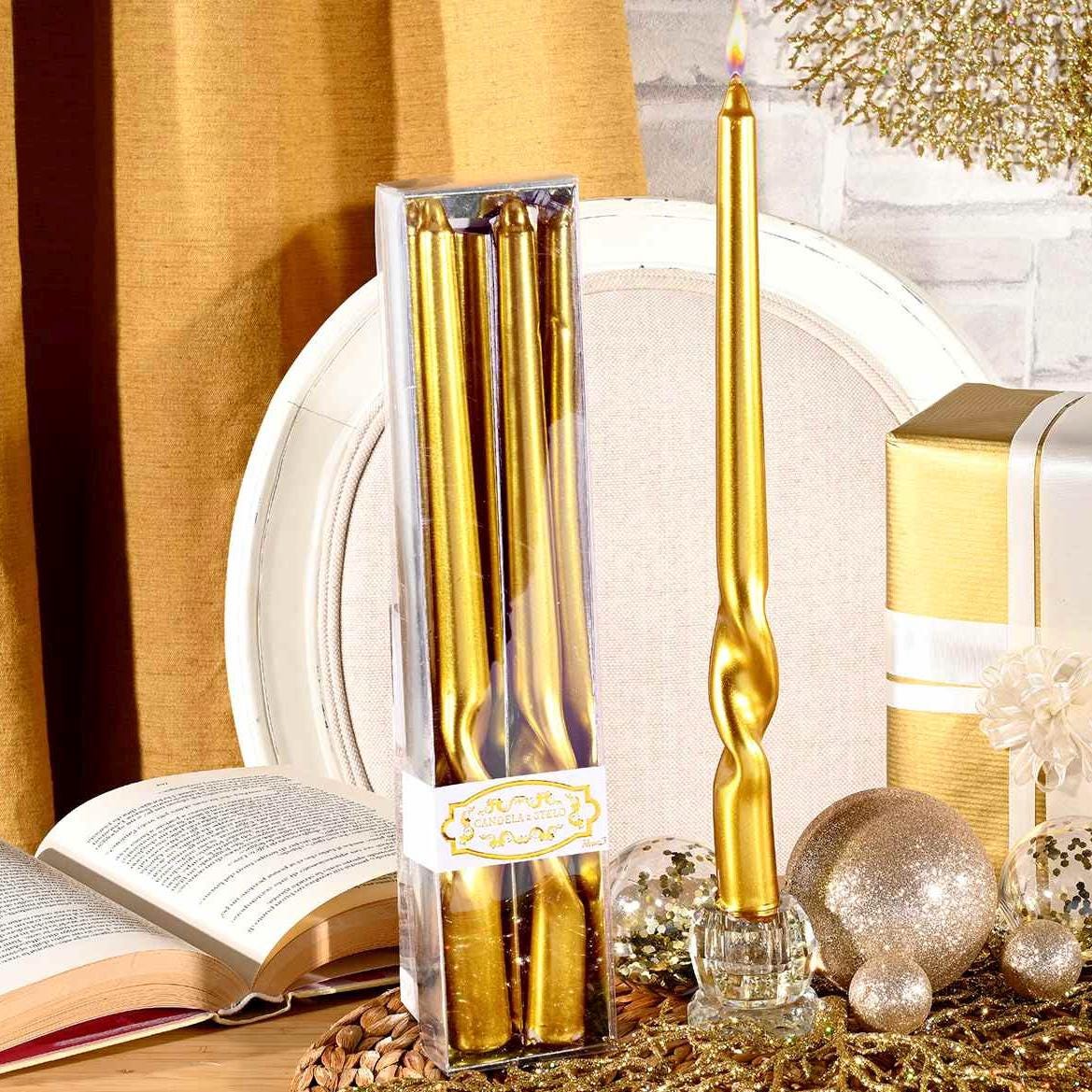 Coffret 2 bougies longues or métallisé 1 torsade ht 30 cm