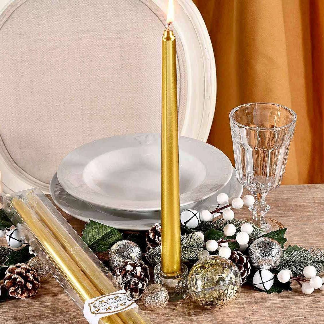 Coffret 2 bougies longues or métallisé ht 30 cm