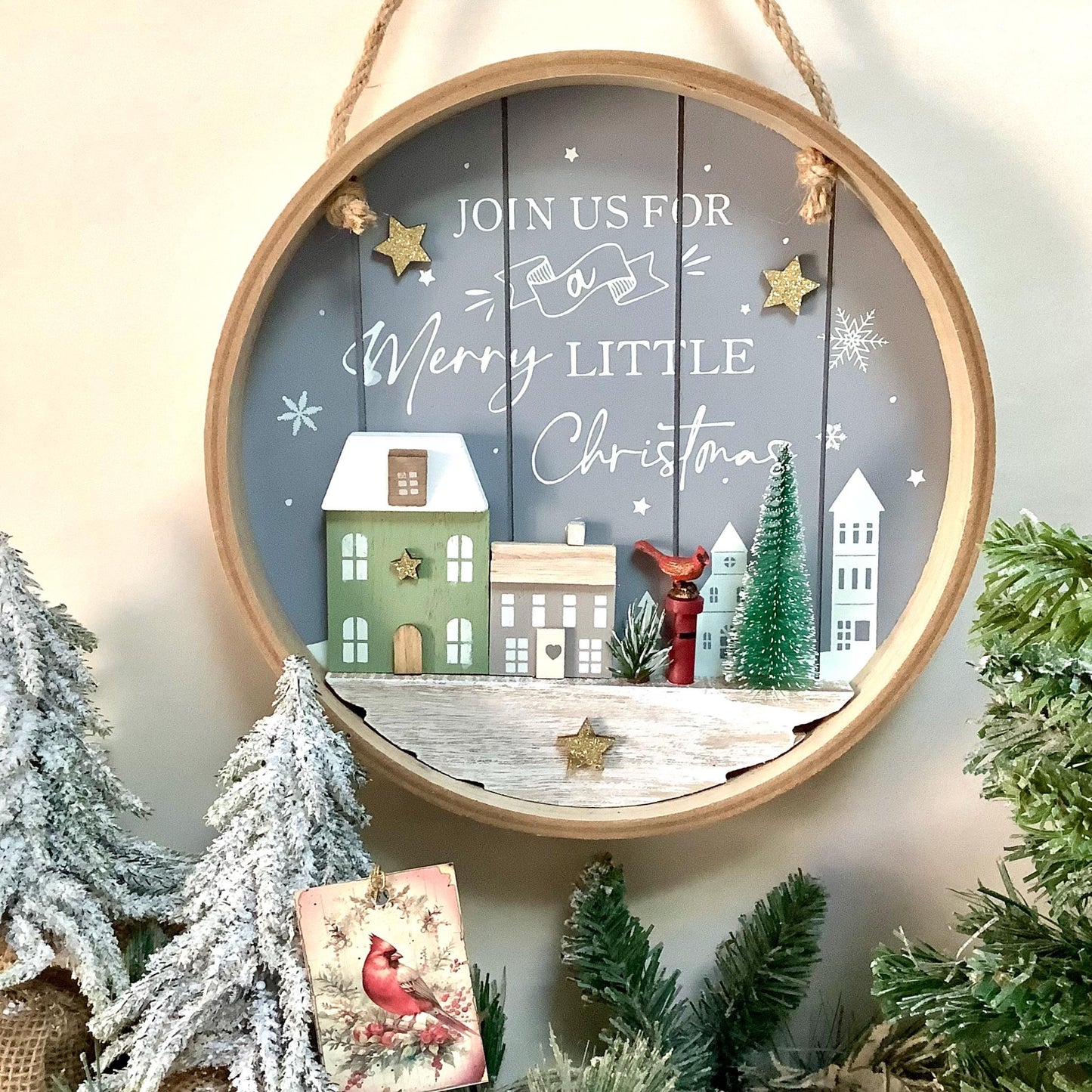 Cadre de Noël vintage bois oiseau cardinal diamètre 25 cm