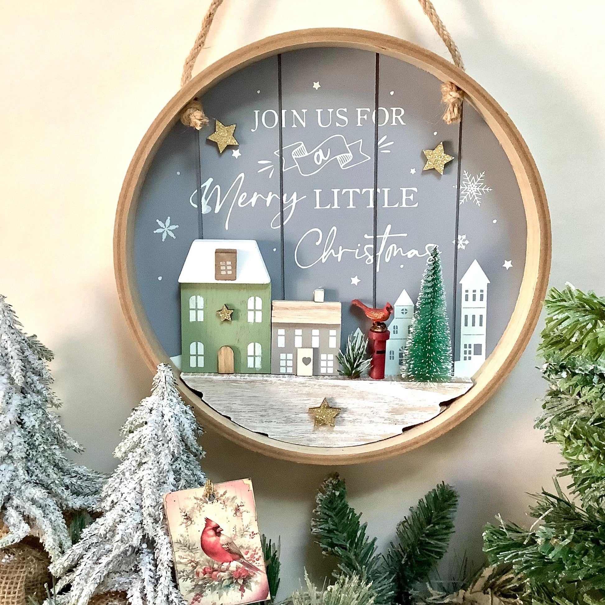 Cadre de Noël vintage bois oiseau cardinal diamètre 25 cm