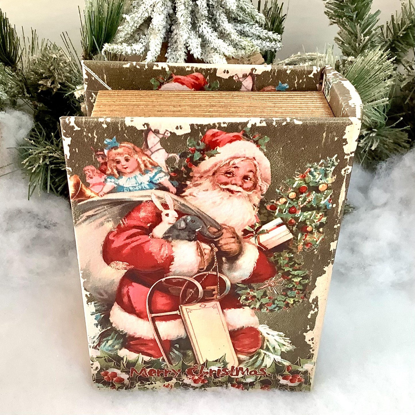 Décoration lumineuse dans livre bois scène de Noël vintage ht 17 cm