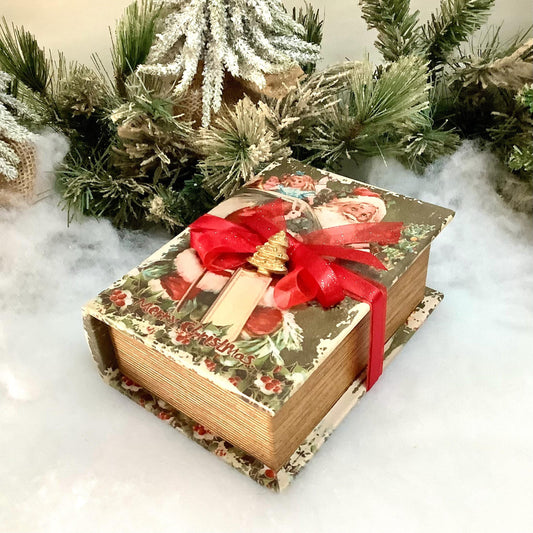 Décoration lumineuse dans livre bois scène de Noël vintage ht 17 cm