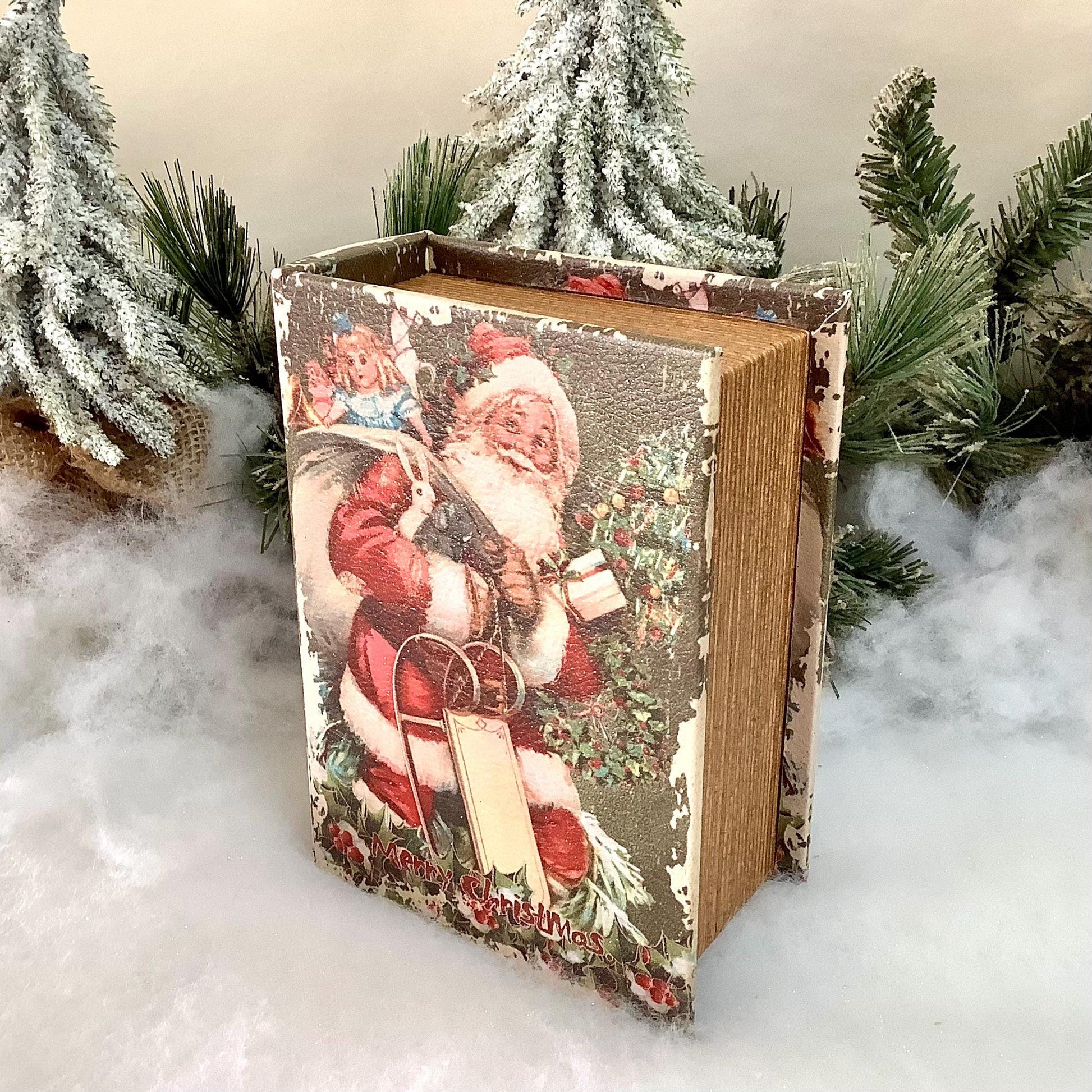 Décoration lumineuse dans livre bois scène de Noël vintage ht 17 cm