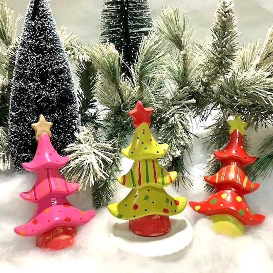 Sapin de Noël céramique rose vert rouge ht 14 cm