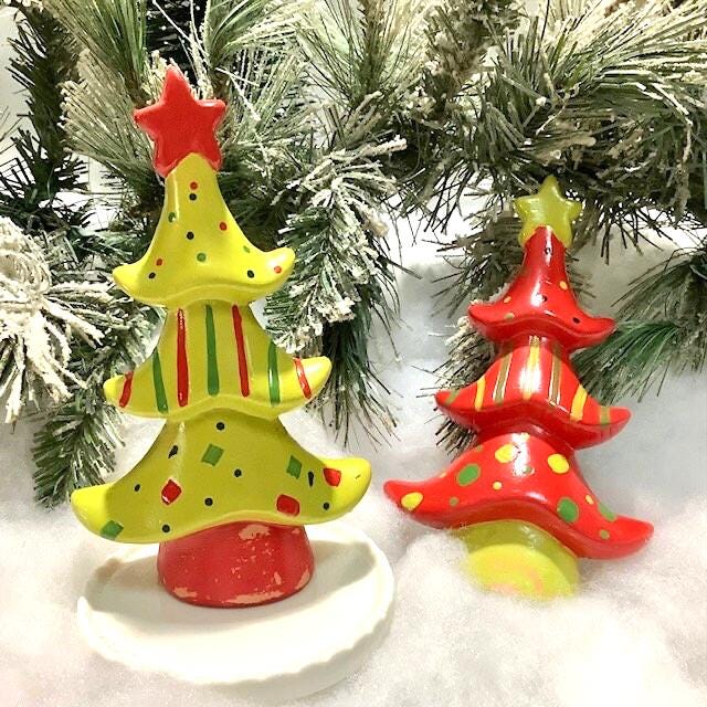 Sapin de Noël céramique rose vert rouge ht 14 cm