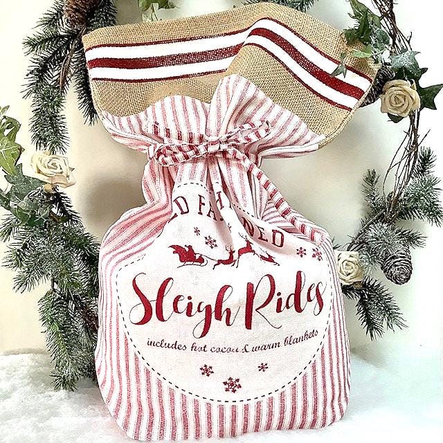 Grand sac de Noël vintage en tissu rouge et blanc ht 54 cm