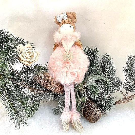 Poupée ange à poser rose pompon fourrure flocon