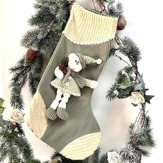 Botte chaussette de Noël vert à suspendre ourson ht 43 cm