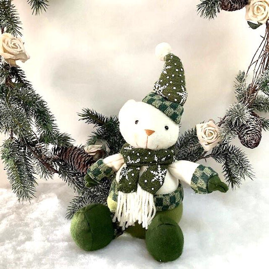 Ourson de Noël à poser en peluche vert et blanc ht 22 cm