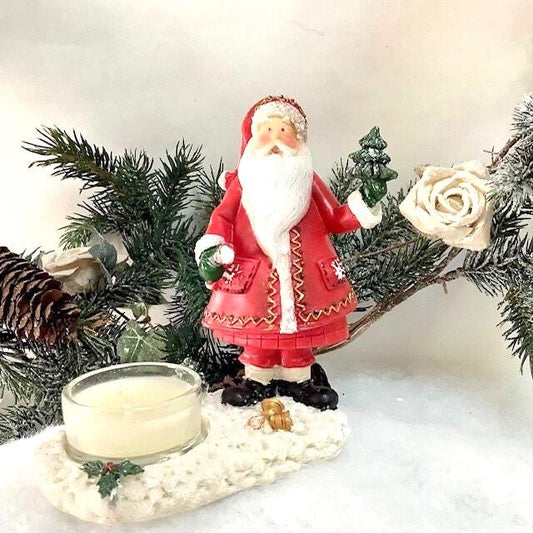 Père Noël photophore vintage en résine rouge ht 19.5 cm