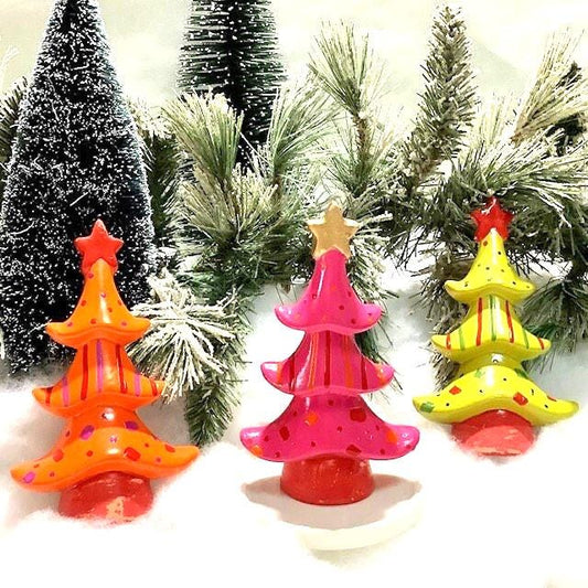 Sapin de Noël céramique orange rose vert ht 14 cm