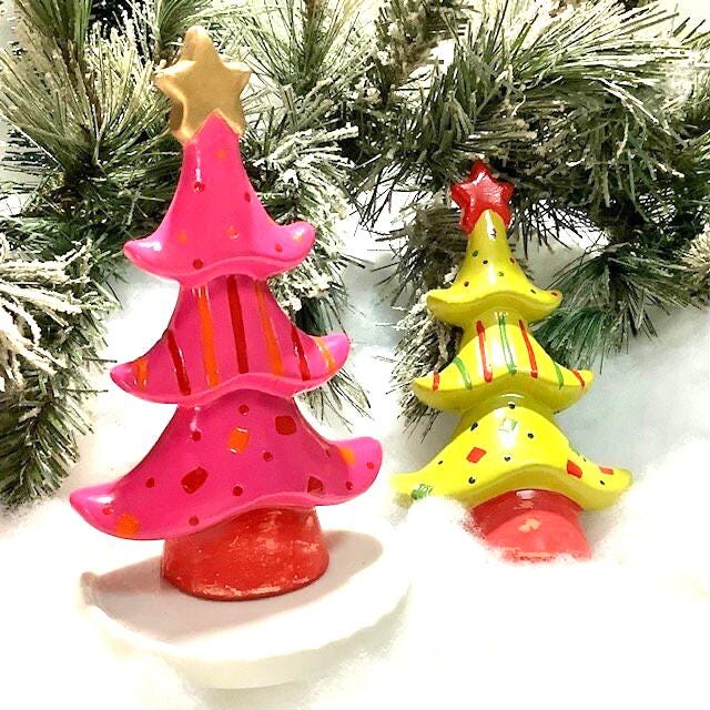 Sapin de Noël céramique orange rose vert ht 14 cm