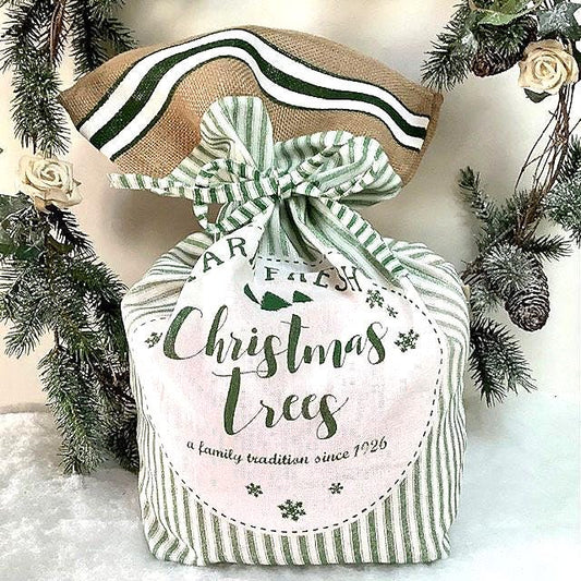 Grand sac de Noël vintage en tissu vert et blanc ht 54 cm