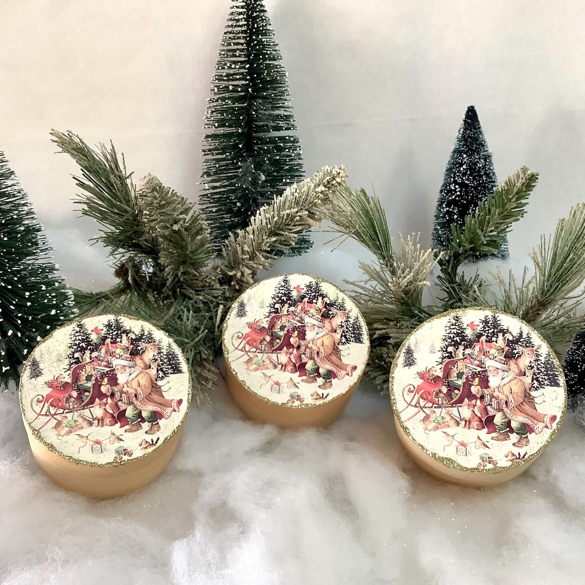 Boîtes rondes décoration Noël bois épicéa ht 5.5 cm