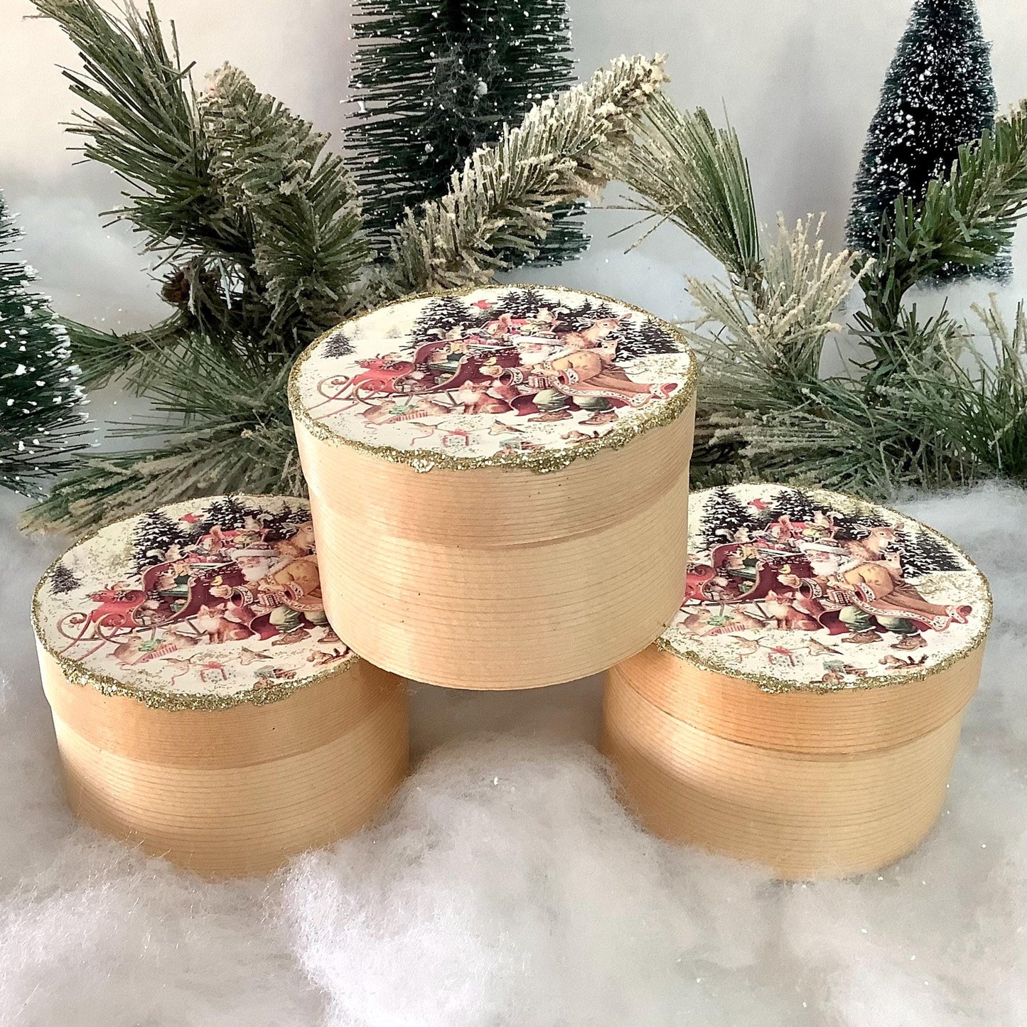 Boîtes rondes décoration Noël bois épicéa ht 5.5 cm