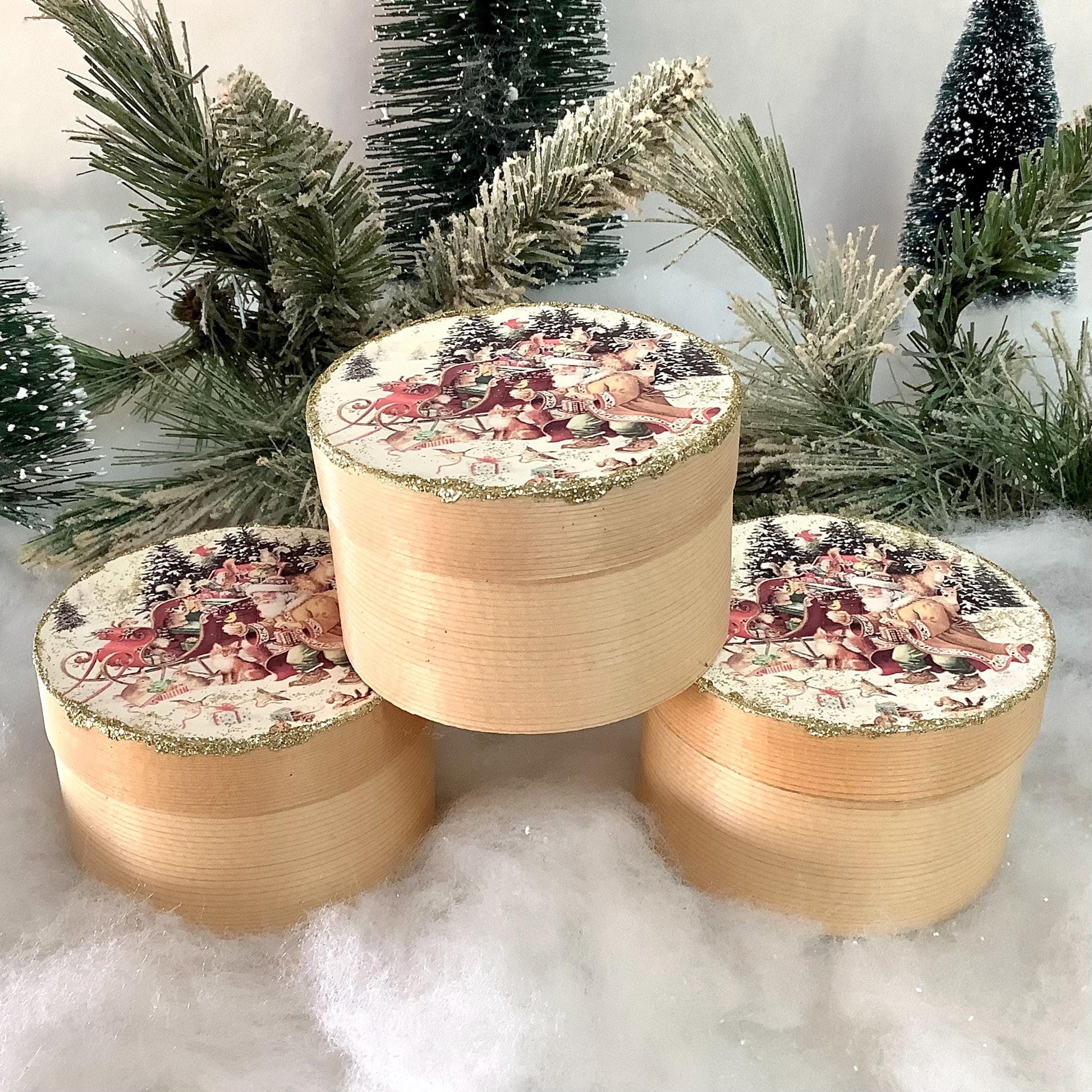 Boîtes rondes décoration Noël bois épicéa ht 5.5 cm