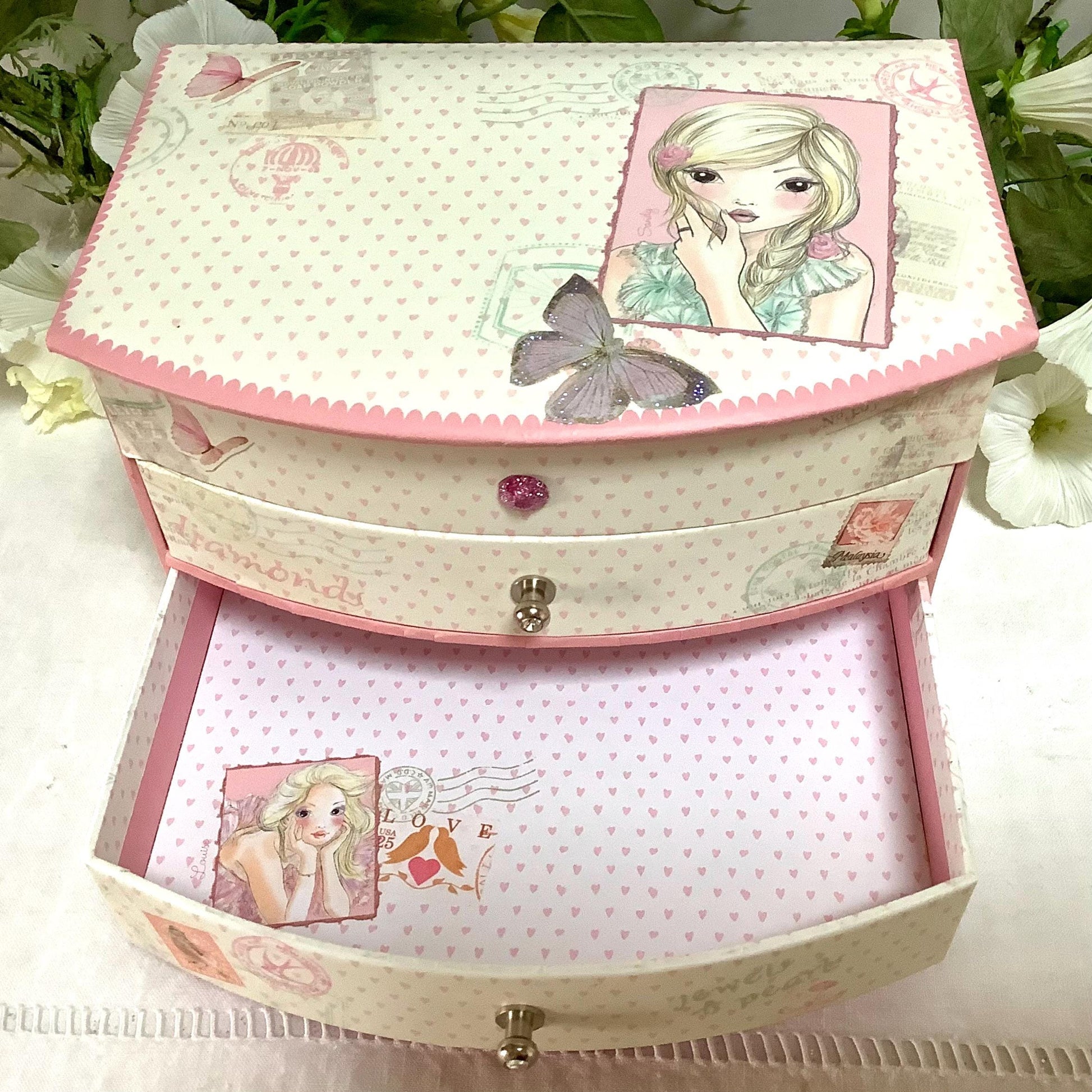 Boîte à bijoux coffret tiroirs rose top model