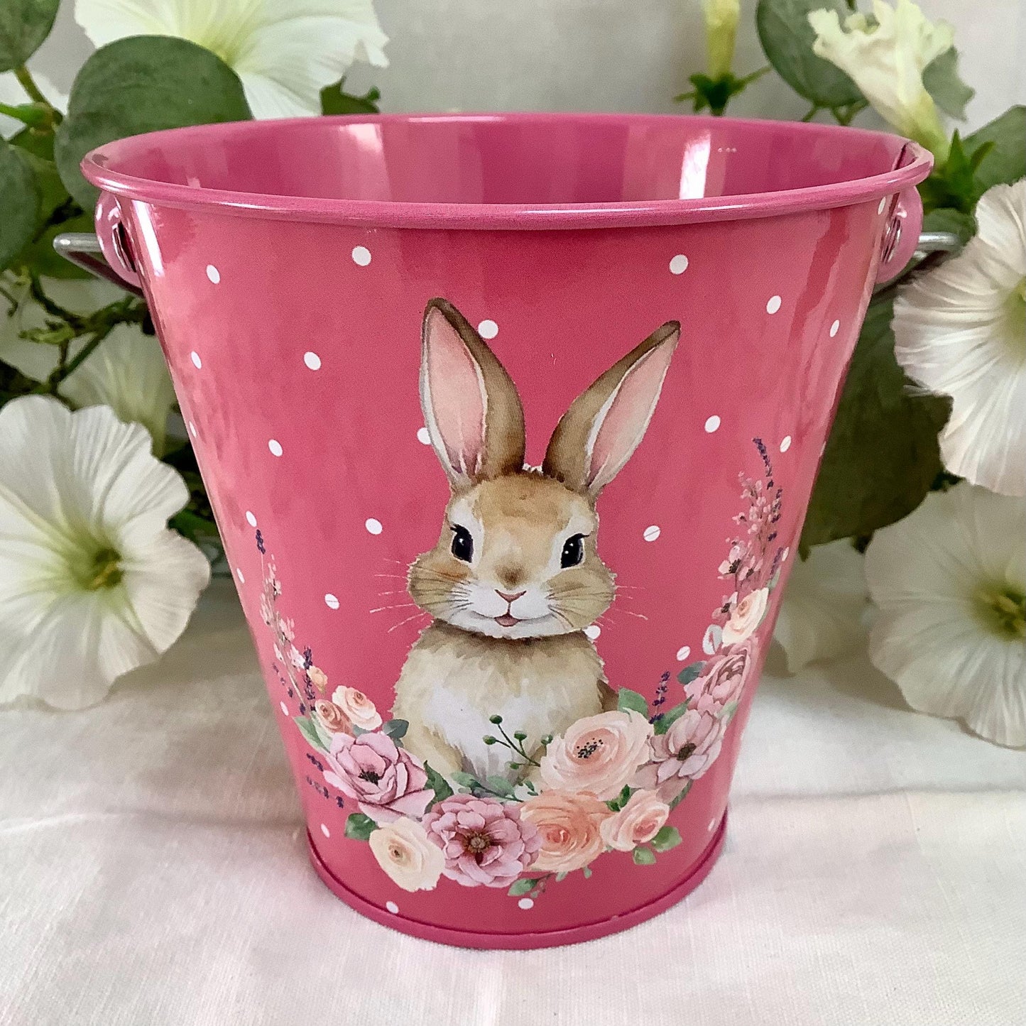 Seau métal imprimé lapin de Pâques rose foncé ht 11 cm