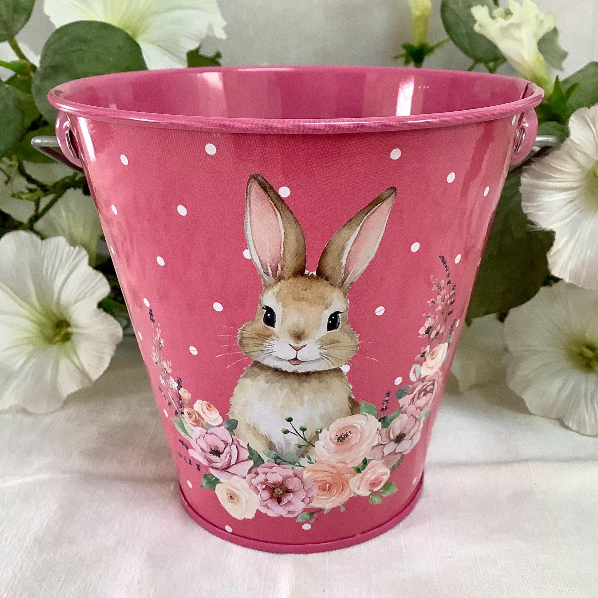 Seau métal imprimé lapin de Pâques rose foncé ht 11 cm