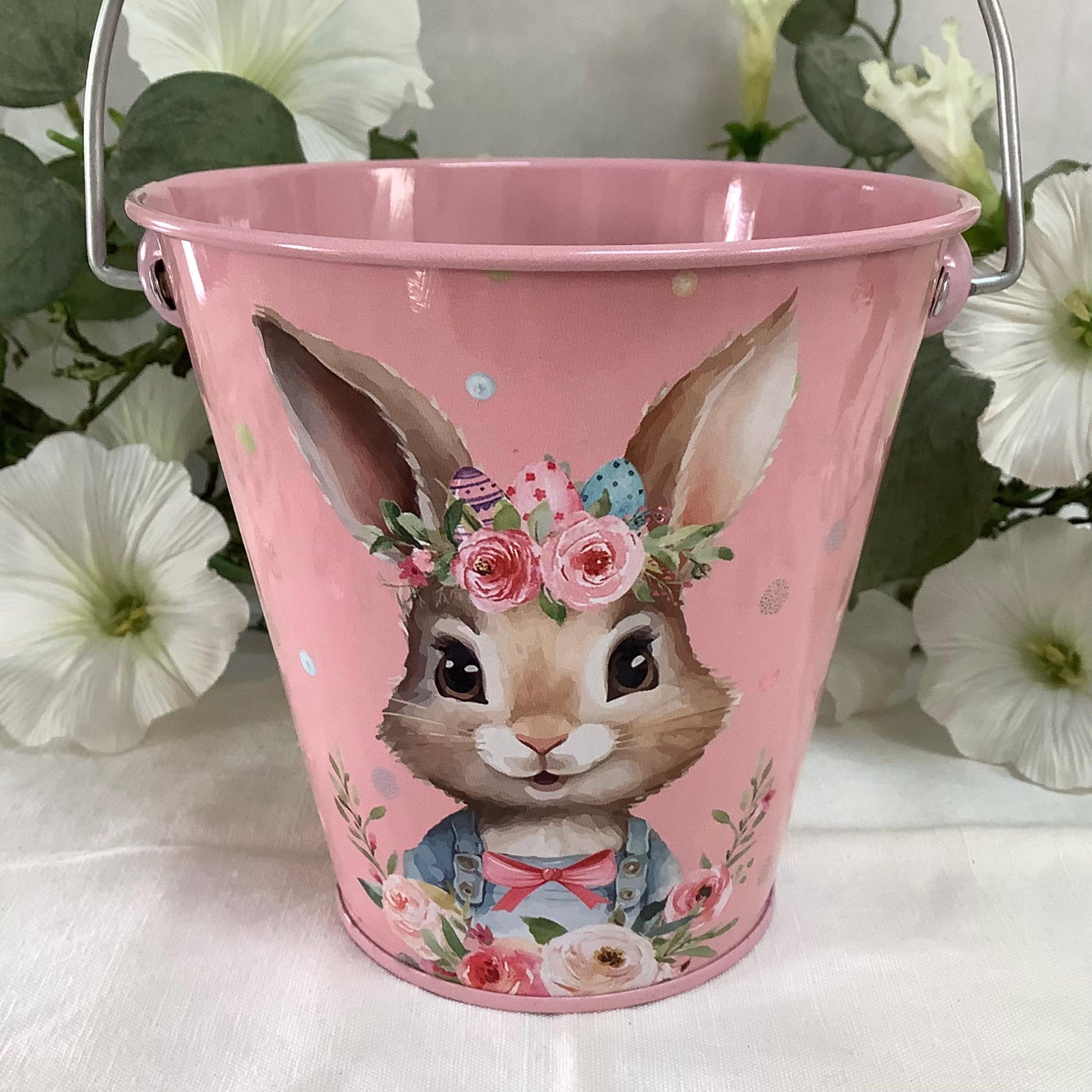 Seau métal imprimé lapin de Pâques rose clair ht 11 cm