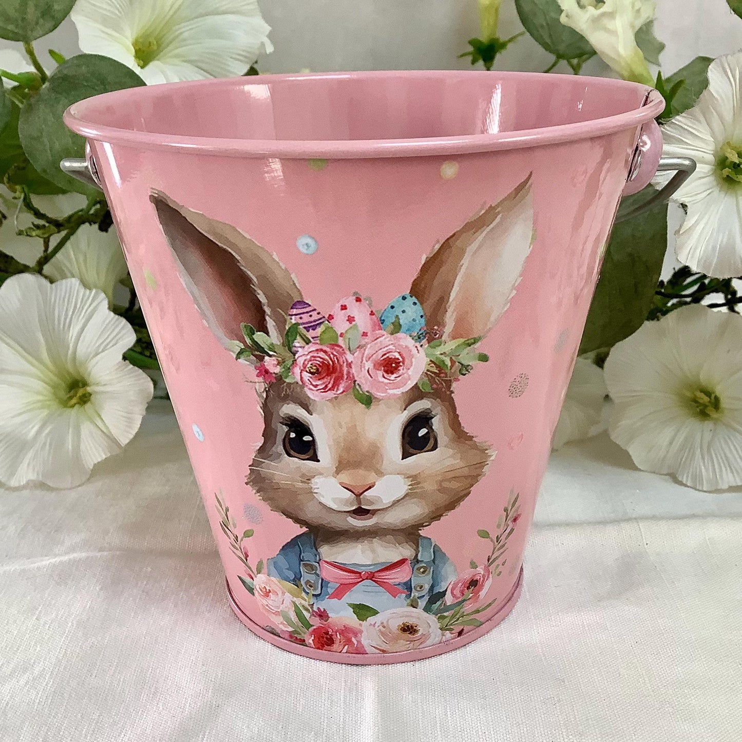 Seau métal imprimé lapin de Pâques rose clair ht 11 cm