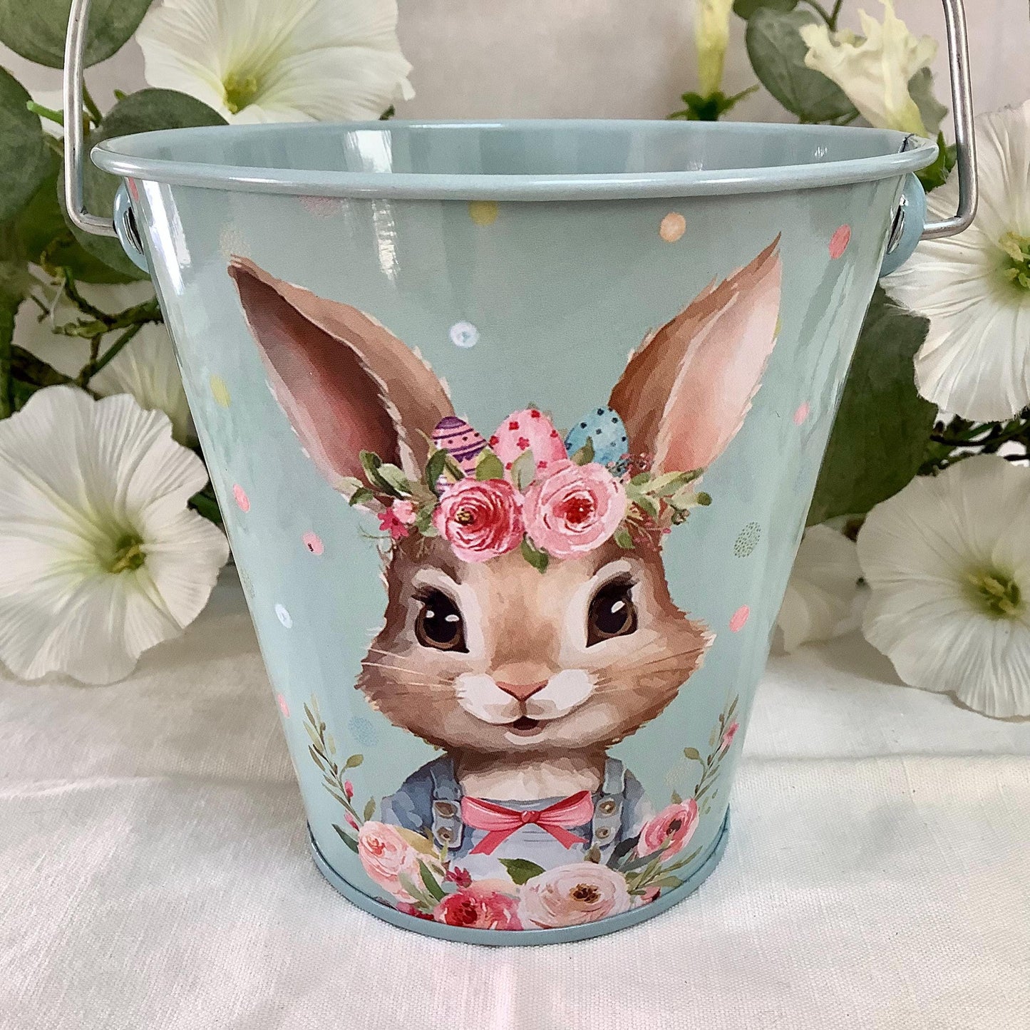Seau métal imprimé lapin de Pâques bleu ht 11 cm