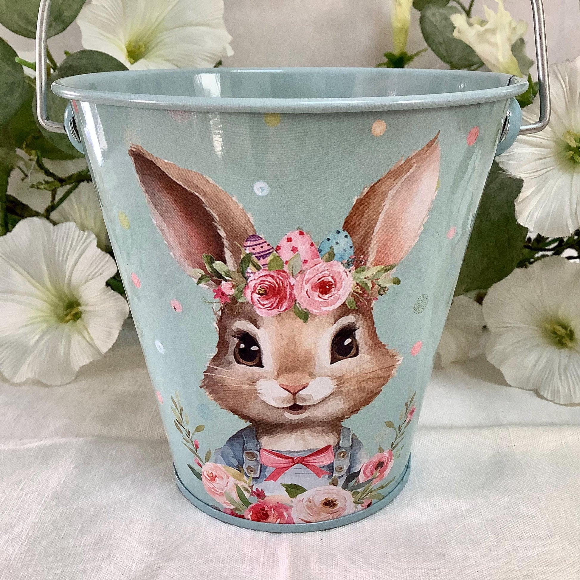 Seau métal imprimé lapin de Pâques bleu ht 11 cm