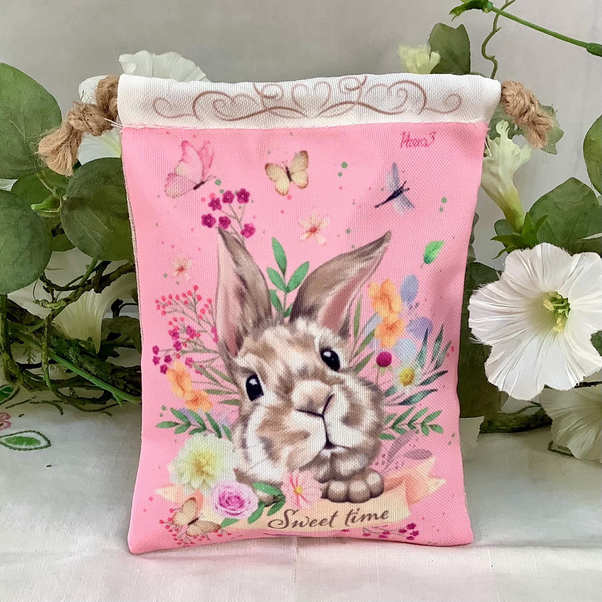 Sac tissu imprimé lapin de Pâques trois modèles ht 16.5 cm