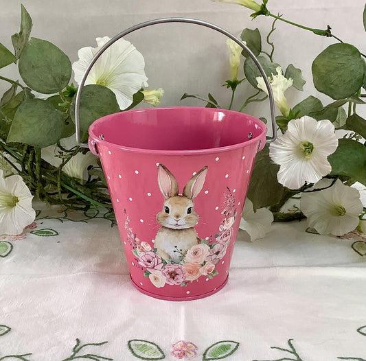 Seau métal imprimé lapin de Pâques rose foncé ht 11 cm