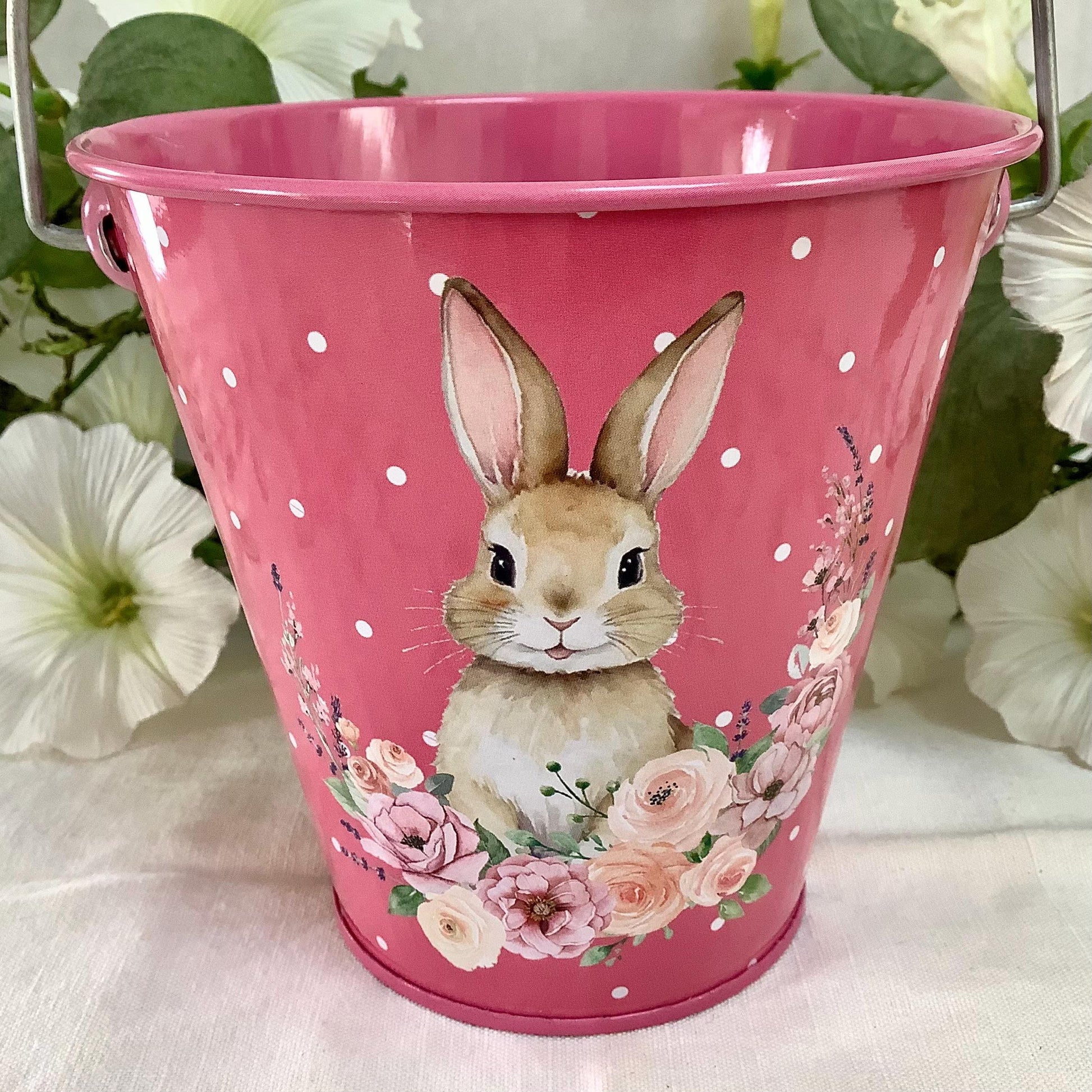 Seau métal imprimé lapin de Pâques rose foncé ht 11 cm