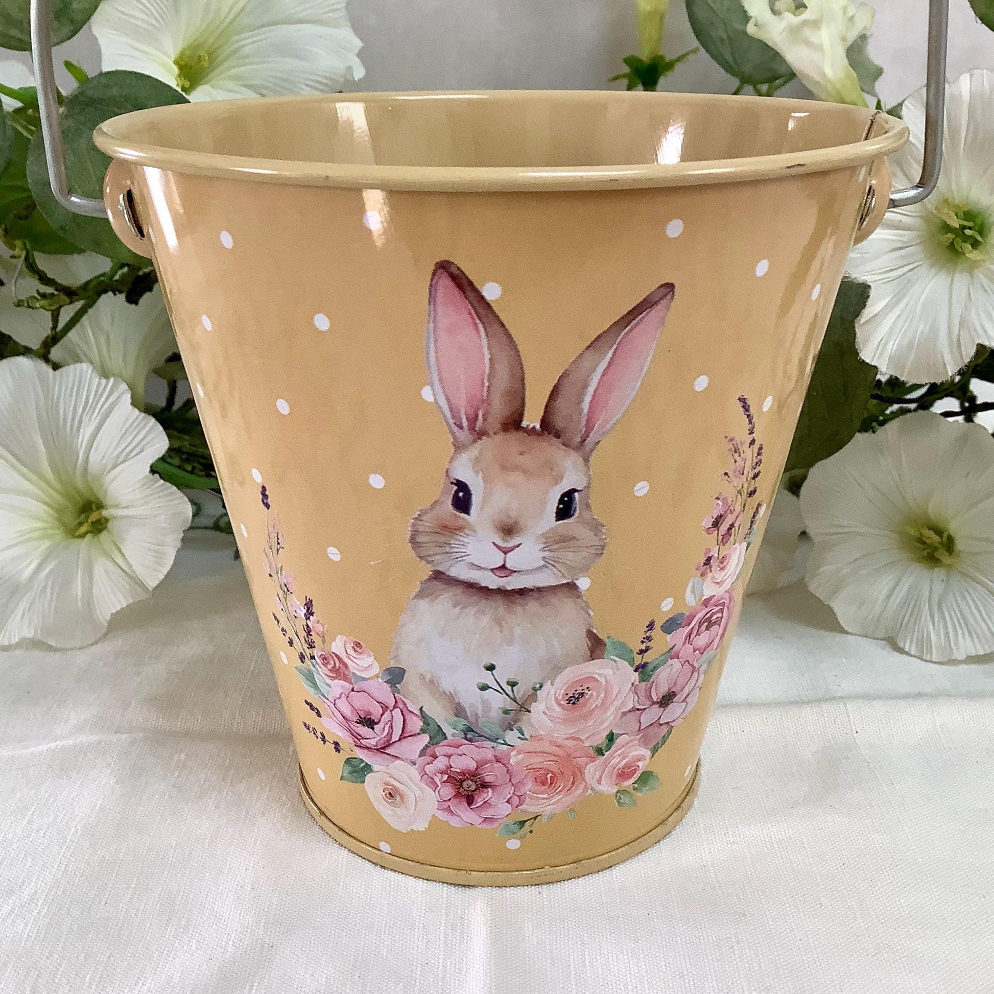 Seau métal imprimé lapin de Pâques jaune ht 11 cm