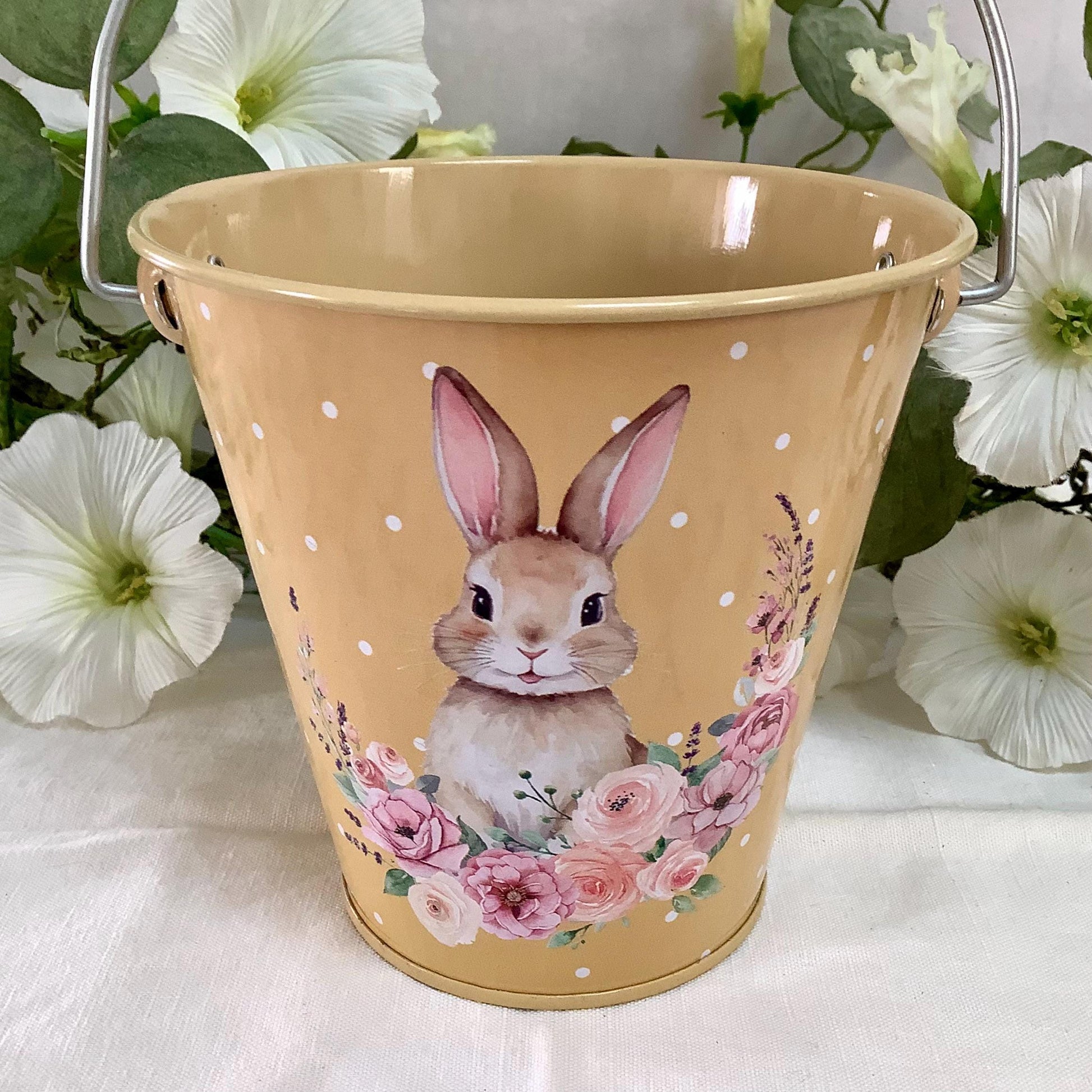 Seau métal imprimé lapin de Pâques jaune ht 11 cm