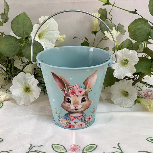 Seau métal imprimé lapin de Pâques bleu ht 11 cm